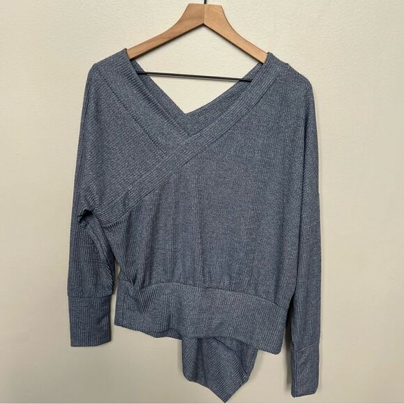 Stella & Dot Asymmetrical Ribbed Double V Sweater NWT Chambray Blue Grey Small - Picture 3 of 12